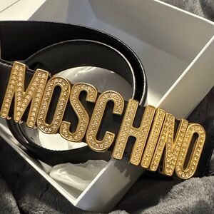 Moschino Black Belt with Gold & Rhinestone Logo